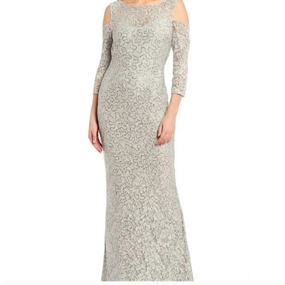 Marina Size 10 Sequin Long-Sleeve Lace Evening Gown Dress Formal Wedding NWOT A